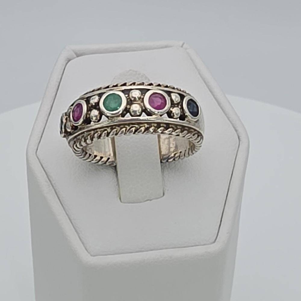 Vtg PRANDA Genuine Ruby Emerald Sapphire Ring 925 Sterling Silver Thailand Sz 8